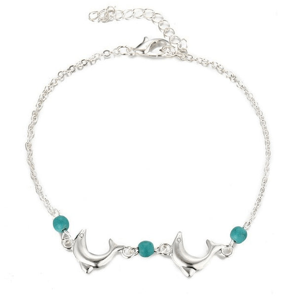 Turquoise & Silver Dolphin Love Chain Anklet - FeetyWeety
