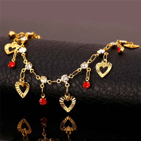 Gold Hearts & Crystal Charms Anklet - FeetyWeety