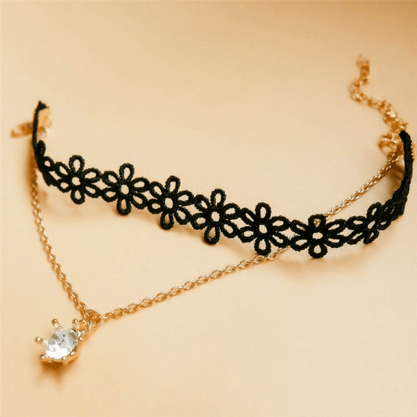 Gothic Black Lace Suspended Crystal Anklet - FeetyWeety