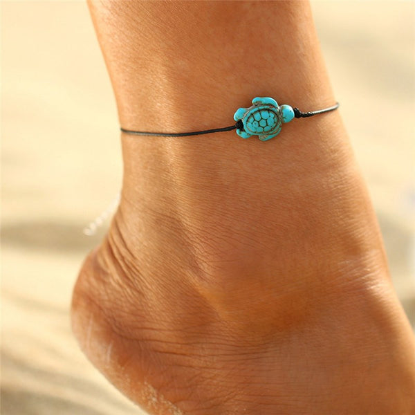 Organic Cotton Hand Made Turquoise Turtle Friends Anklet - FeetyWeety