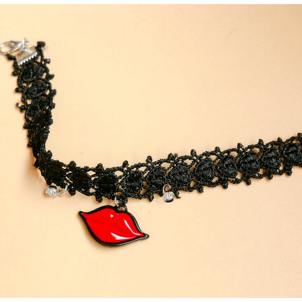 Kiss Me! Black Velvet Lace Crystal Ankle Bracelet - FeetyWeety