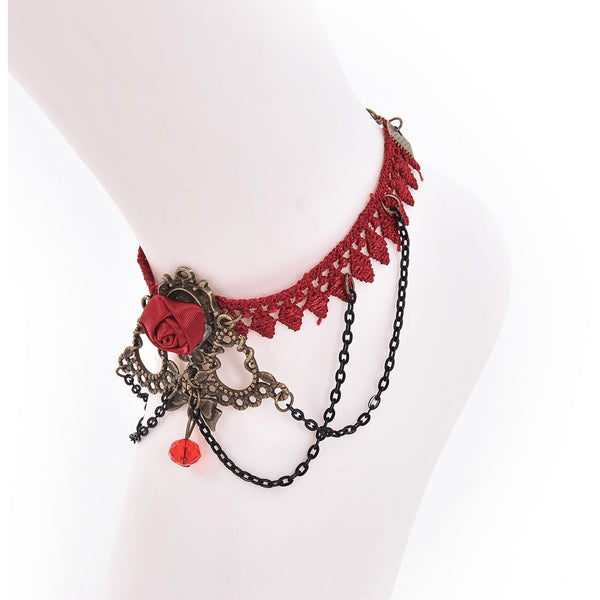 Crimson Rose Red Velvet Vintage Anklet - FeetyWeety