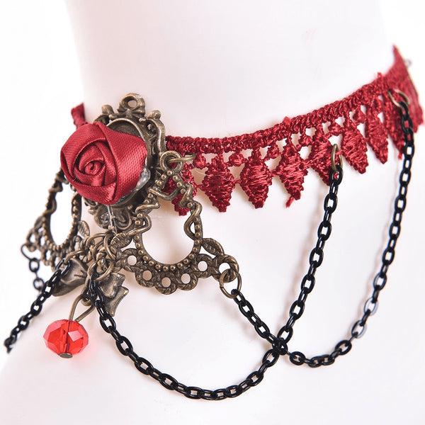Crimson Rose Red Velvet Vintage Anklet - FeetyWeety