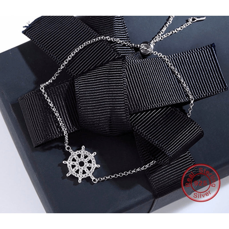 Sterling Silver & Crystal Ship's Helm Fine Chain Anklet - 925 - FeetyWeety