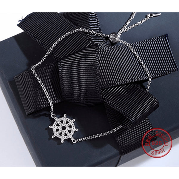 Sterling Silver & Crystal Ship's Helm Fine Chain Anklet - 925 - FeetyWeety