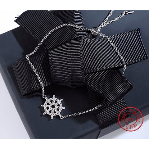 Sterling Silver & Crystal Ship's Helm Fine Chain Anklet - 925 - FeetyWeety