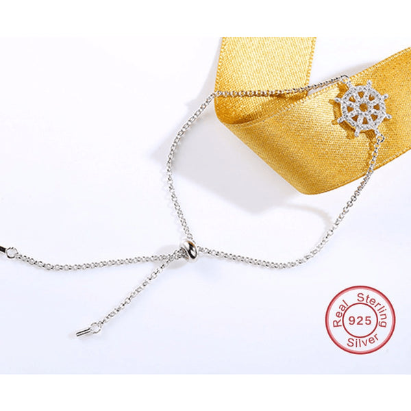 Sterling Silver & Crystal Ship's Helm Fine Chain Anklet - 925 - FeetyWeety