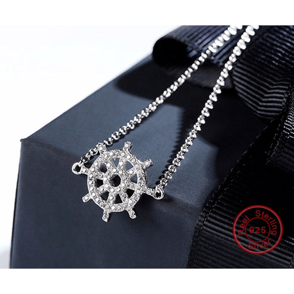 Sterling Silver & Crystal Ship's Helm Fine Chain Anklet - 925 - FeetyWeety