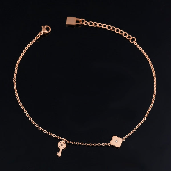 Rose Gold Plated Crystal Key & Clover Fine Anklet - FeetyWeety