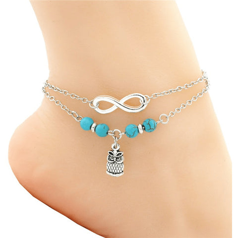 Turquoise Infinite Owl Silver Anklet - FeetyWeety