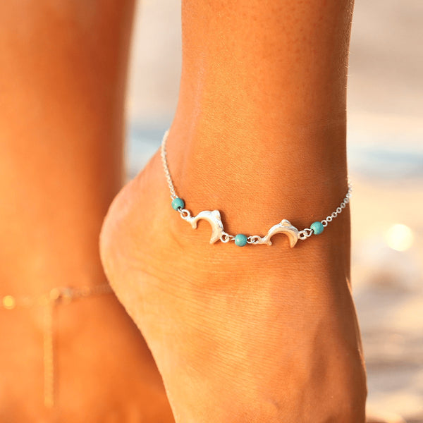 Turquoise & Silver Dolphin Love Chain Anklet - FeetyWeety