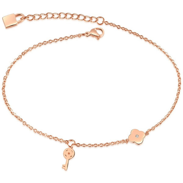 Rose Gold Plated Crystal Key & Clover Fine Anklet - FeetyWeety