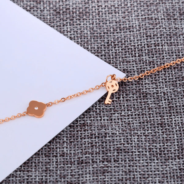 Rose Gold Plated Crystal Key & Clover Fine Anklet - FeetyWeety