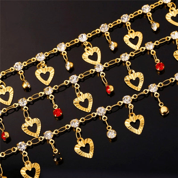 Gold Hearts & Crystal Charms Anklet - FeetyWeety
