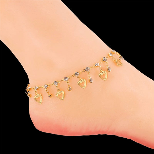 Gold Hearts & Crystal Charms Anklet - FeetyWeety